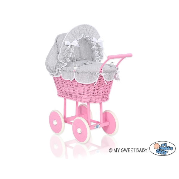 Poppenwagen riet met kap Wit Grijs Polkaprikker