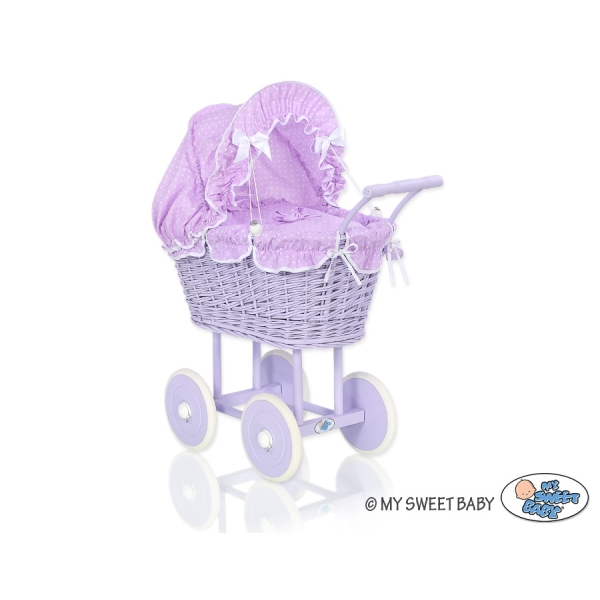 Poppenwagen riet met kap Wit Purper Polkaprikker