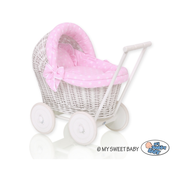 Poppenwagen Riet  Roze Polkaprikker