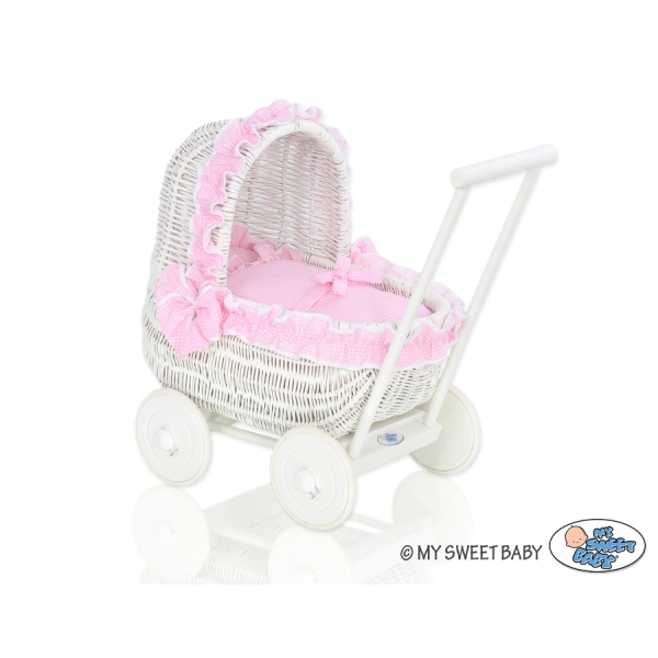 Poppenwagen Riet  Roze Wit
