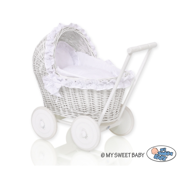 Poppenwagen Riet  Wit