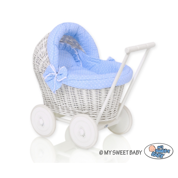 Poppenwagen Riet  Wit Blauw Polkaprikker