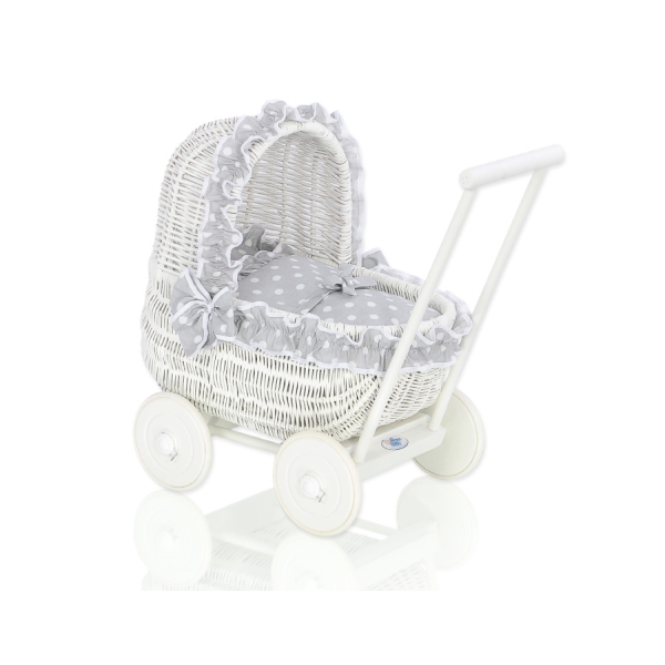 Poppenwagen Riet  Wit Grijs Polkaprikker