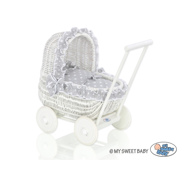 Poppenwagen Riet  Wit Grijs Polkaprikker