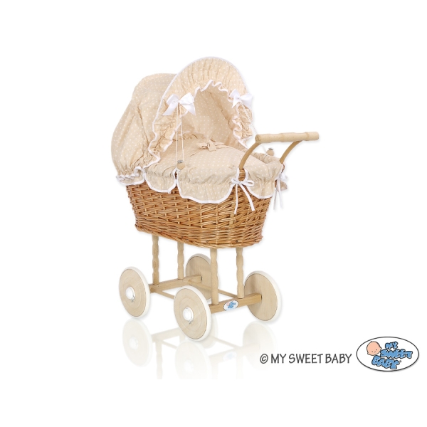 Poppenwagen Rotan Wit Beige Polkaprikker