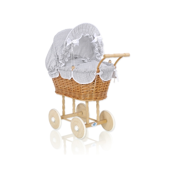 Poppenwagen Rotan Wit Grijs Polkaprikker