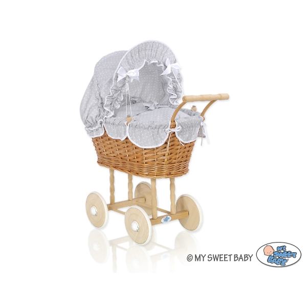 Poppenwagen Rotan Wit Grijs Polkaprikker