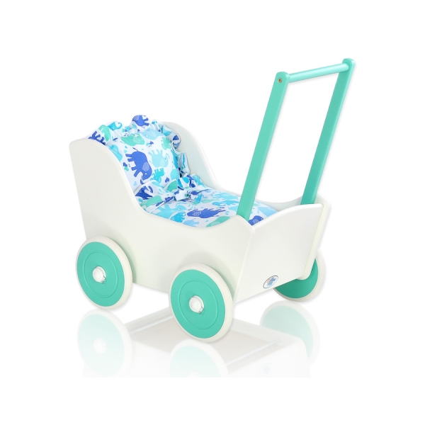 Poppenwagen van Hout met Dekentje Mint Wit