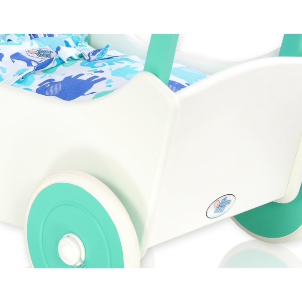Poppenwagen van Hout met Dekentje Mint Wit