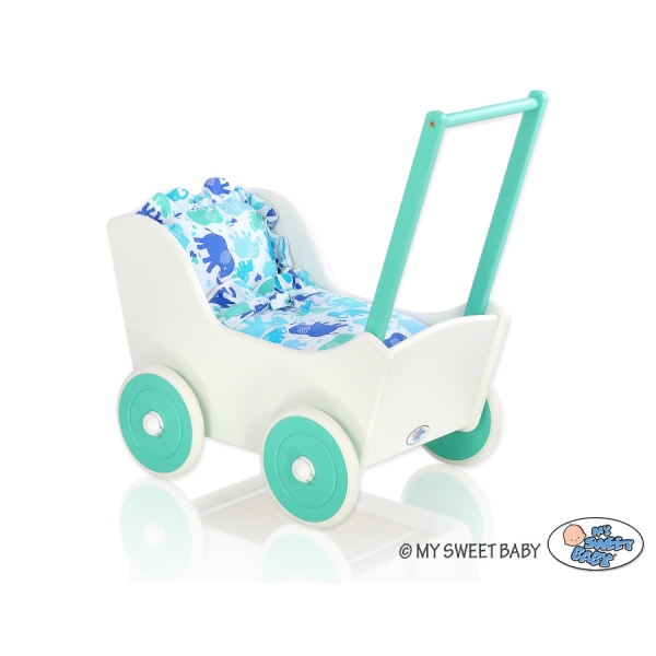 Poppenwagen van Hout met Dekentje Mint Wit