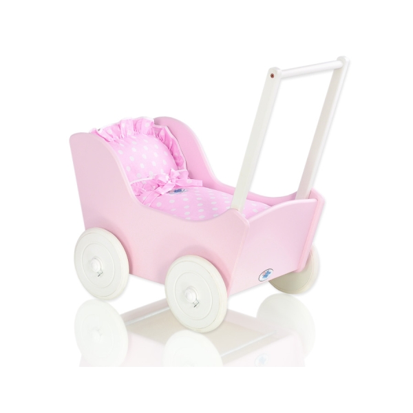Poppenwagen van Hout met Dekentje Roze Wit
