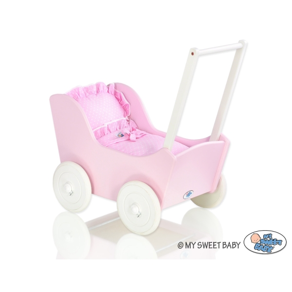 Poppenwagen van Hout met Dekentje Roze Wit