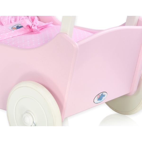Poppenwagen van Hout met Dekentje Roze Wit