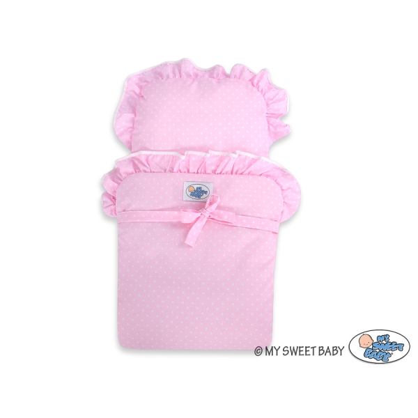 Poppenwagen van Hout met Dekentje Roze Wit