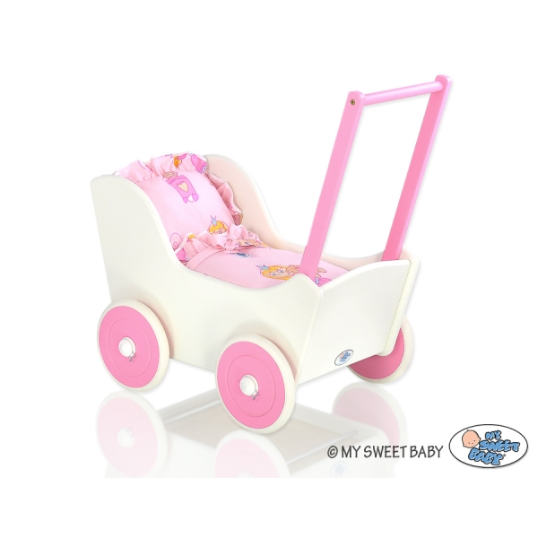 Poppenwagen van Hout met Dekentje Wit