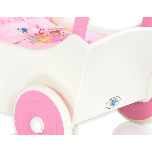 Poppenwagen van Hout met Dekentje Wit
