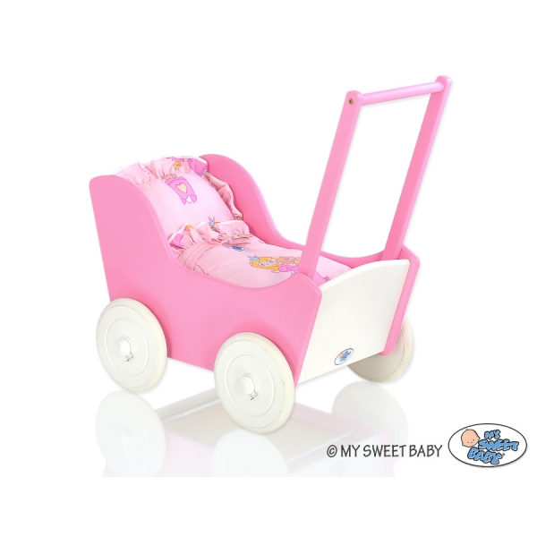 Poppenwagen van Hout met Dekentje Wit