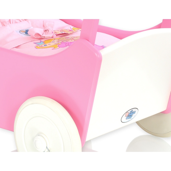 Poppenwagen van Hout met Dekentje Wit