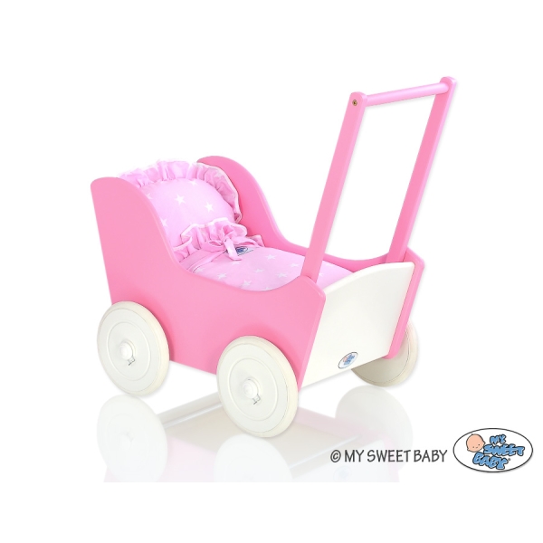 Poppenwagen van Hout met Dekentje Wit
