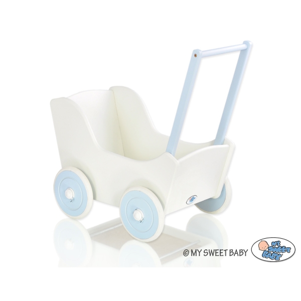Poppenwagen van Hout met Dekentje Wit Blauw