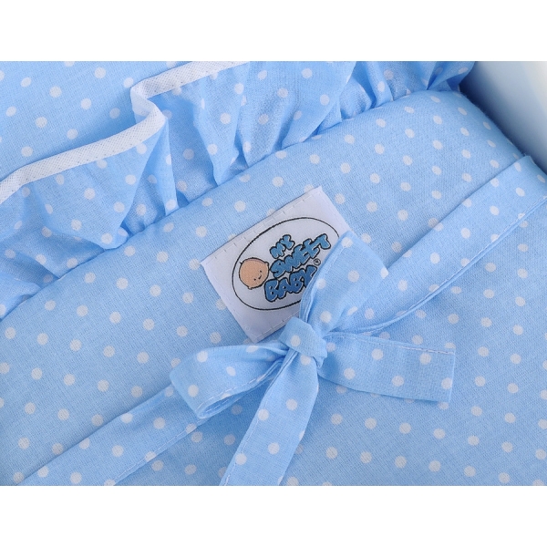 Poppenwagen van Hout met Dekentje Wit Blauw