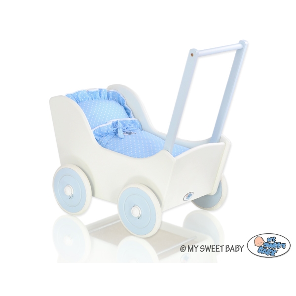 Poppenwagen van Hout met Dekentje Wit Blauw