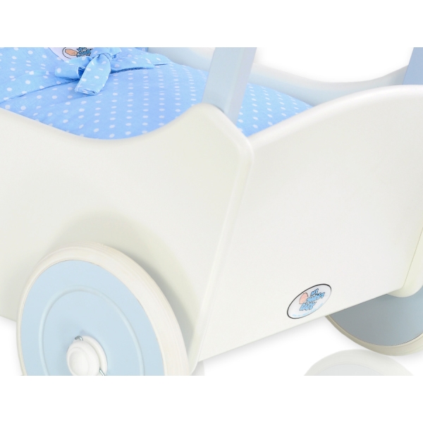 Poppenwagen van Hout met Dekentje Wit Blauw