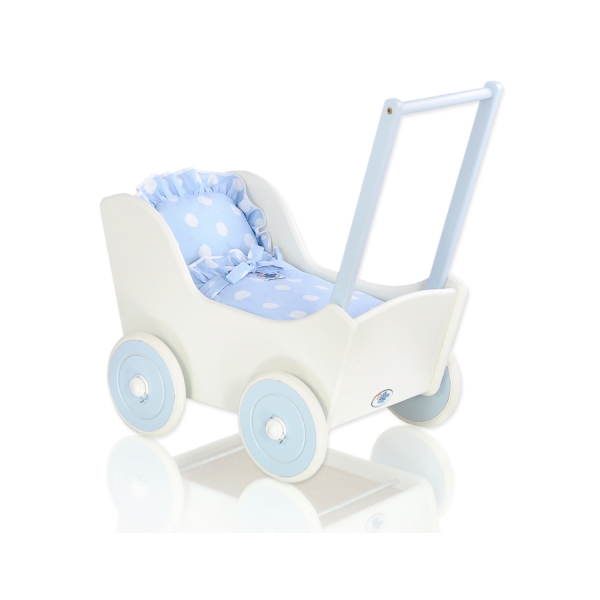 Poppenwagen van Hout met Dekentje Wit Blauw