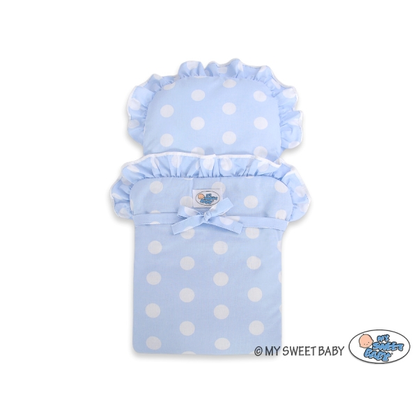 Poppenwagen van Hout met Dekentje Wit Blauw