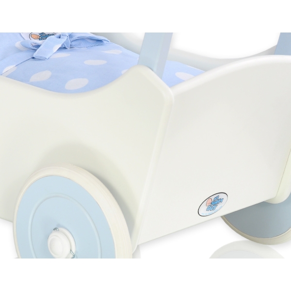 Poppenwagen van Hout met Dekentje Wit Blauw