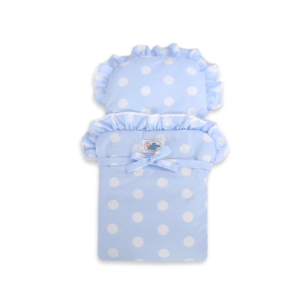 Poppenwagen van Hout met Dekentje Wit Blauw