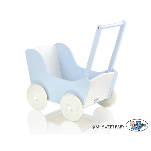 Poppenwagen van Hout met Dekentje Wit Blauw