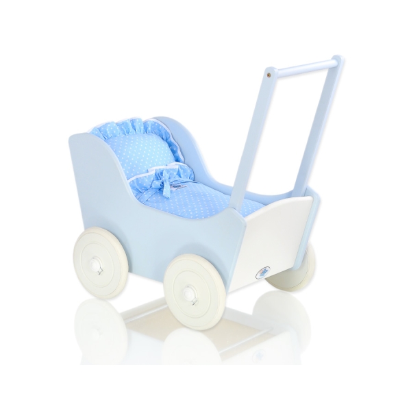 Poppenwagen van Hout met Dekentje Wit Blauw