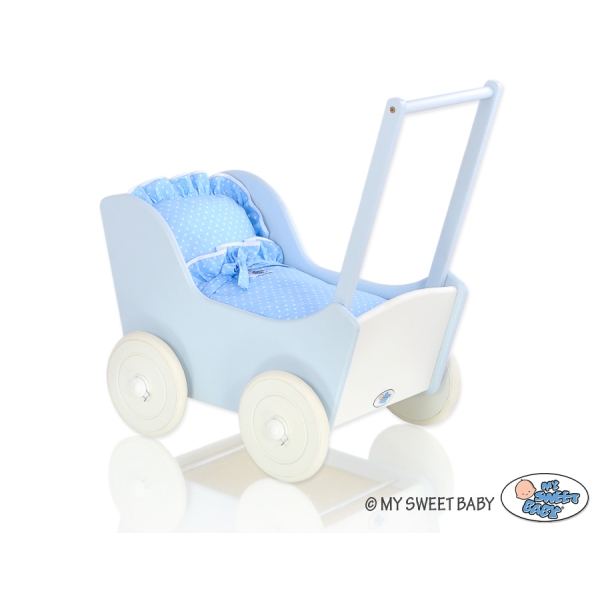 Poppenwagen van Hout met Dekentje Wit Blauw