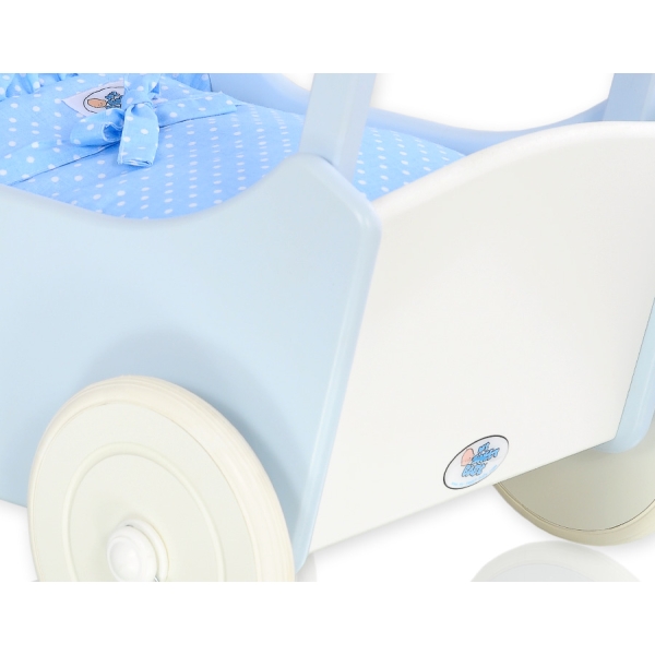 Poppenwagen van Hout met Dekentje Wit Blauw