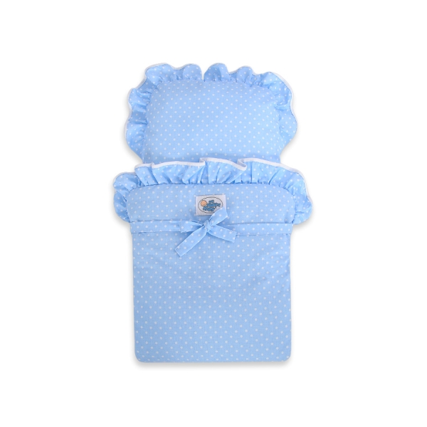 Poppenwagen van Hout met Dekentje Wit Blauw