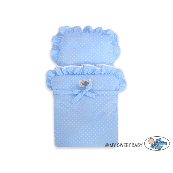Poppenwagen van Hout met Dekentje Wit Blauw