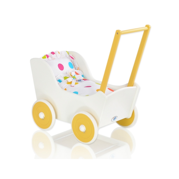 Poppenwagen van Hout met Dekentje Wit Geel
