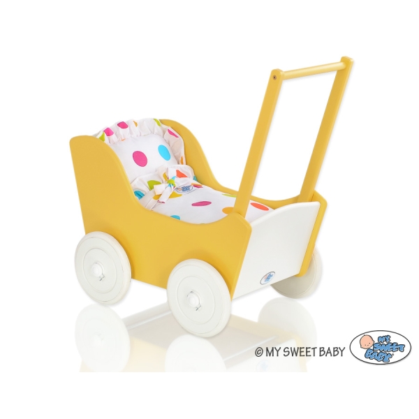 Poppenwagen van Hout met Dekentje Wit Geel