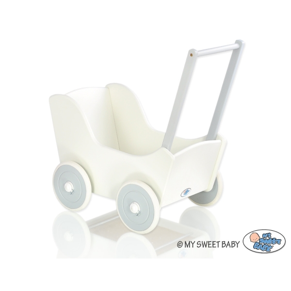 Poppenwagen van Hout met Dekentje Wit Grijs