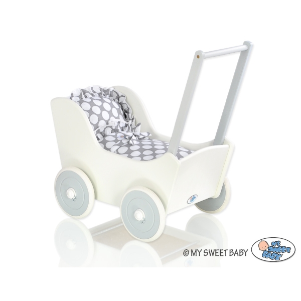 Poppenwagen van Hout met Dekentje Wit Grijs