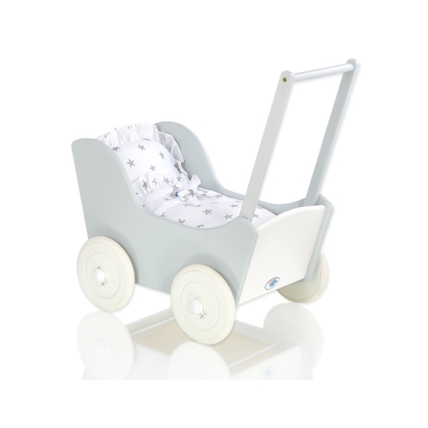 Poppenwagen van Hout met Dekentje Wit Grijs