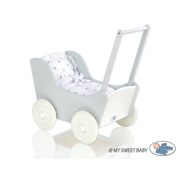Poppenwagen van Hout met Dekentje Wit Grijs