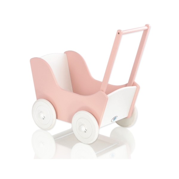 Poppenwagen van Hout met Dekentje Wit Poederroze