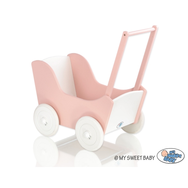 Poppenwagen van Hout met Dekentje Wit Poederroze