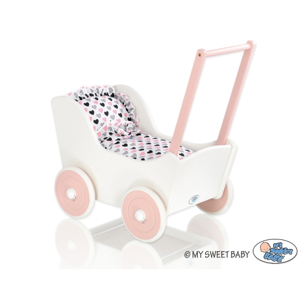 Poppenwagen van Hout met Dekentje Wit Poederroze