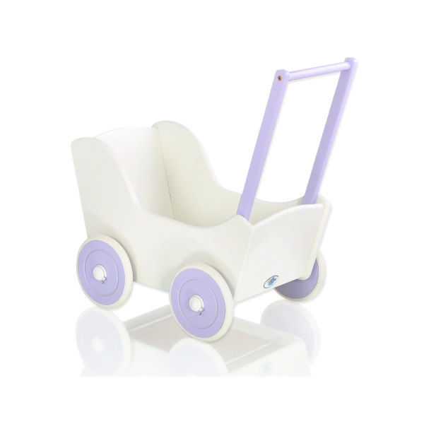 Poppenwagen van Hout met Dekentje Wit Purper