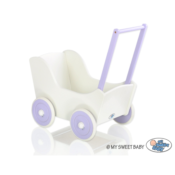 Poppenwagen van Hout met Dekentje Wit Purper