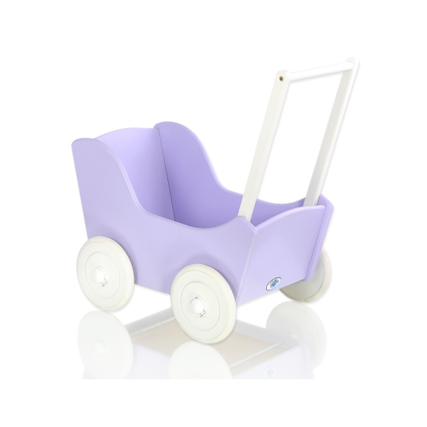 Poppenwagen van Hout met Dekentje Wit Purper