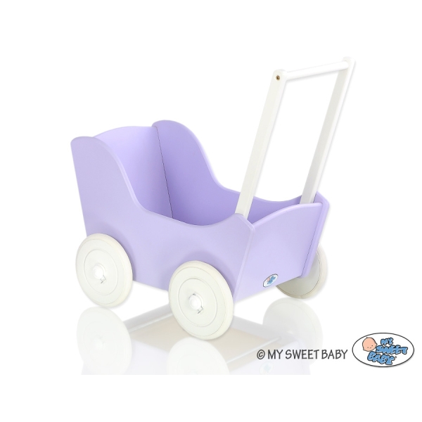 Poppenwagen van Hout met Dekentje Wit Purper